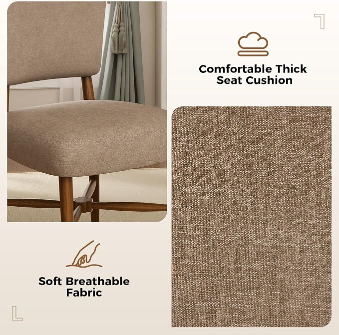 Dining Chairs Set of 6, Linen Upholstered, Solid Wood Legs, Brown | Mid Century Farmhouse, Cross-Brace Reinforced, Padded Cushion, Easy 15-Min Assembly, Kitchen Dining Room