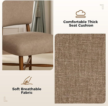 Farmhouse Dining Chairs Set of 2, Linen Seat, Wood Legs, Brown | Mid Century Modern, Upholstered Padded Cushion, Solid Wood Cross-Brace, Easy 15-Min Assembly, Kitchen Dining Room