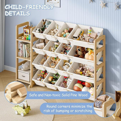 EXPERLAM Toy Storage Organizer, Toy Storage Shelf with 3 Shelves and 16 Storage Bins (12 Small + 4 Large), 3-in-1 Kids Bookshelf for Kids Rooms, Playroom, Nursery, White