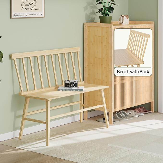 APRTAT Bamboo Entryway Bench, Dining Bench with Spindle Back (Natural) | Natural Bamboo & H-Shaped Support, Spindle Back, Ideal for entryways, bedrooms, outdoor settings, Easy Assembly & Clean