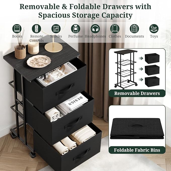 3 Drawers Dresser with Wheels, Storage Organizer with Removable Fabric Bins and Steel Frame, Small Nightstand Dresser for Bedroom Office, Entryway, Ink Black