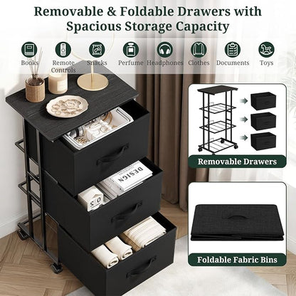 3 Drawers Dresser with Wheels, Storage Organizer with Removable Fabric Bins and Steel Frame, Small Nightstand Dresser for Bedroom Office, Entryway, Ink Black