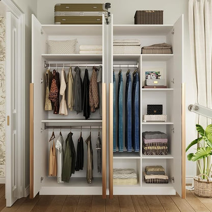 Homsee 63" W Wardrobe Closet Armoire with 4 Glossy Doors, Wooden Bedroom Clothing Storage Cabinet with 3 Hanging Rods & 10 Storage Compartments, White
