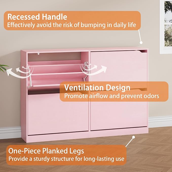 Shoe Storage Cabinet, Wood Shoe Organizer for Entryway with 3 Flip Drawers, Freestanding Shoe Rack with Adjustable Shelf, Narrow Shoe Dresser for Front Door Entrance (Pink, Standard 4 Drawers)