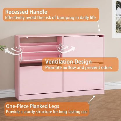 Shoe Storage Cabinet, Wood Shoe Organizer for Entryway with 3 Flip Drawers, Freestanding Shoe Rack with Adjustable Shelf, Narrow Shoe Dresser for Front Door Entrance (Pink, Standard 4 Drawers)