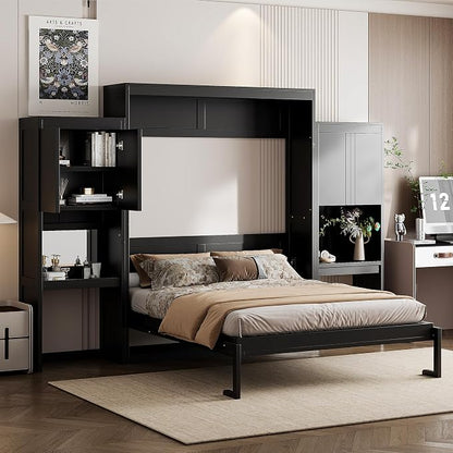 Ball & Cast Murphy Bed Queen Bed Frame with Headboard,Hideaway Bedframe w/Vanity and Cabinets,Wood Wall Cabinet,Slat Support,can be Folded,No Box Spring Needed,for Small Room,Espresso