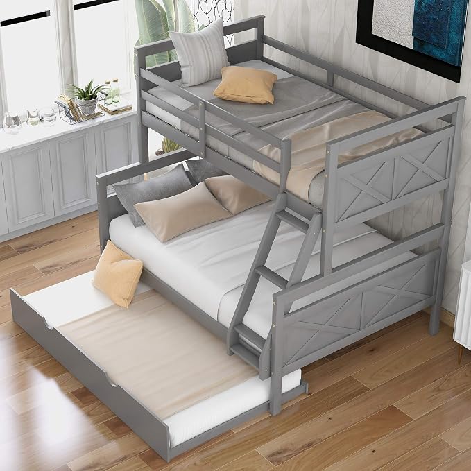 Merax Trundle Bunk Bed, Twin Over Full Wood Bunk Bed with Twin Size Trundle and Ladder, 3-in-1 Convertible to 2 Separate Beds, Solid Wood Frame with Guardrail, Grey