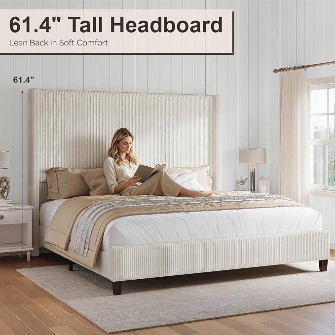 HOWE Queen Size Bed Frame with 61.4" Extra Tall Headboard, Corduroy Upholstered Bed with Vertical Wingback Headboard, No Box Spring Needed/Noise Free/Solid Wood Slats & Legs/Cream