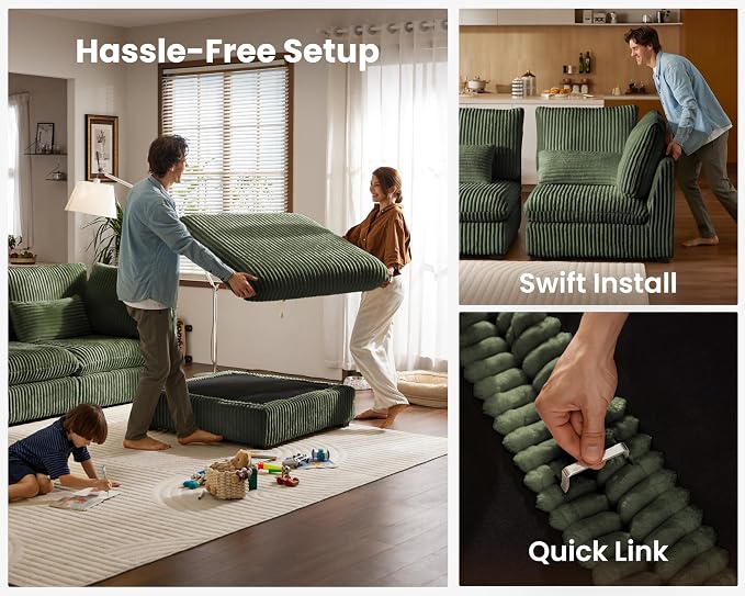 154" Oversized Corduroy Couch Modular Sectional Sofa, Washable Cloud Couch Sectional, 4 Seater Sectional Couches for Living Room, Fully Cover Removable, Basic 4 Seater, Corduroy, Green