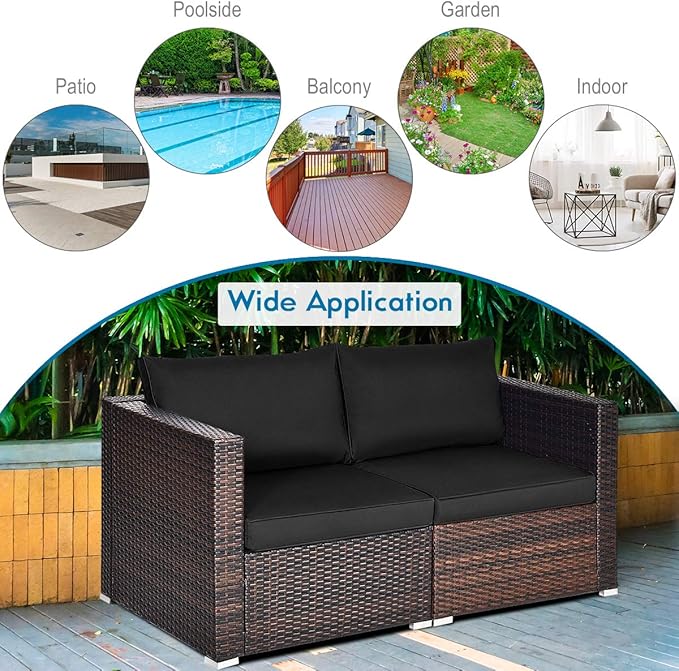 Tangkula 2 Seat Outdoor Wicker Loveseat Sofa Set, Modular PE Rattan 2 Pieces Outdoor Wicker Corner Sofa, Outside Furniture Set for Deck, Backyard, Porch, Garden & Poolside, Black
