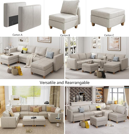 EASE MOOSE Faux Leather Sectional Modular Sofa with Storage,Faux Leather Modular Couch Convertible Sectional Couch,WHITESAND