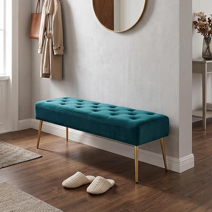 DUHOME Modern Velvet Bench Ottoman, Upholstered Bedroom Benches Footrest Stool Button-Tufted Table Bench Dining Bench with Gold Metal Base for Entryway Dining Room Living Room Bedroom, Atrovirens