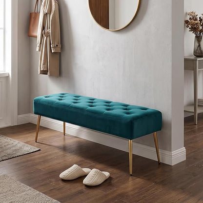 DUHOME Modern Velvet Bench Ottoman, Upholstered Bedroom Benches Footrest Stool Button-Tufted Table Bench Dining Bench with Gold Metal Base for Entryway Dining Room Living Room Bedroom, Atrovirens