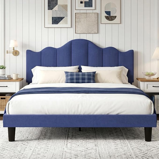 VECELO Queen Size Upholstered Platform Bed Frame with Adjustable Headboard, Wood Slat Support and Noise-Free, No Box Spring Needed, Easy Assembly, Dark&Blue