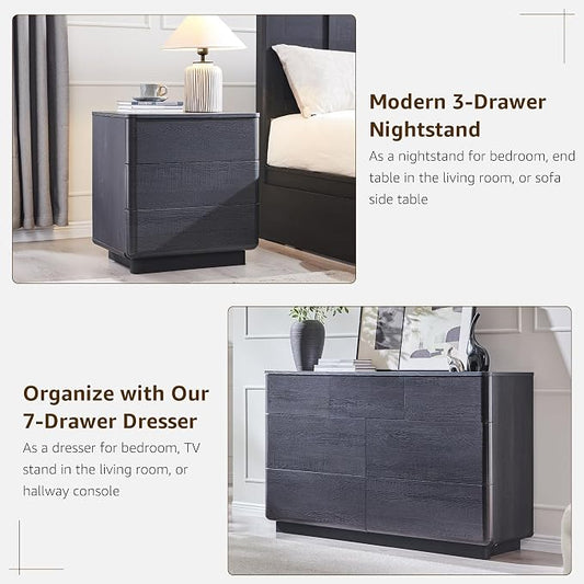 ACCOHOHO 3 Piece Bedroom Furniture Set, 7 Drawer Dresser (52" W) & Two 22" Nightstands, Modern Push-to-Open Drawers, Curved Profile, Dresser and Nightstand Sets for Bedroom, Black
