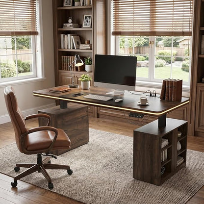 MOUMON 63" Executive Standing Desk with Storage Pedestals and LED Lights, Electric Height Adjustable Desk with Shelves and Built-in Outlets, Walnut and Black 63" W x 27.6" D x 29.4"-46.9" H