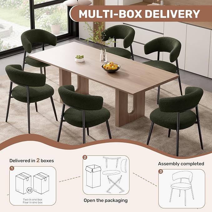 Dining Chairs Set of 4, Mid Century Modern Kitchen Chairs, Boucle Upholstered Dining Chair with Curved Backrest & Metal Legs for Kitchen Dining Room, Green