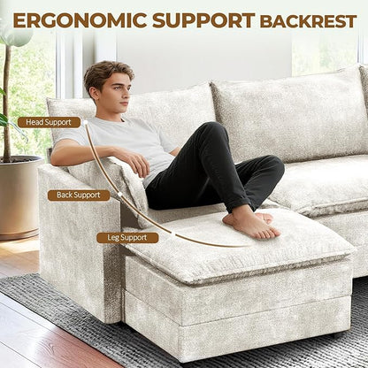 LEVELEVE 147" U-Shape Modular Sofa with 2 Ottomans, Deep Seat Cloud Convertible Sleeper, 2 Arm Pillows, Comfortable Large Upholstered Furniture for Living Room Apartment, Beige