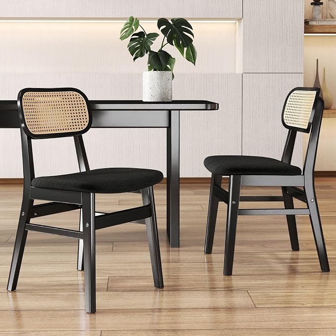 ROCITY Black Rattan Dining Chairs Set of 2 Lambswool Dining Room Chairs Natural Wooden Kitchen Chairs Farmhouse Boho Side Chairs