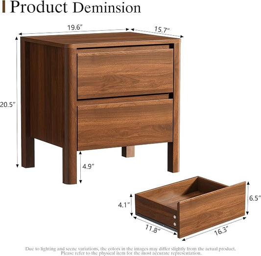 Furniway Mid Century Walnut Nightstand with 2 Drawers, Modern Wooden Bedside Table with Hidden Handles and Solid Wood Legs for Bedroom