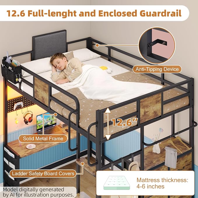 Dnxao Twin Loft Bed with Desk, Twin Bed Frame with 6 Storage Drawers, 2 Bedside Organizer,3 Movable Hooks,LED Lights & Charging Station,Bunk Bed with Desk, Clothes Rack,Safety Guardrail,Rustic Brown