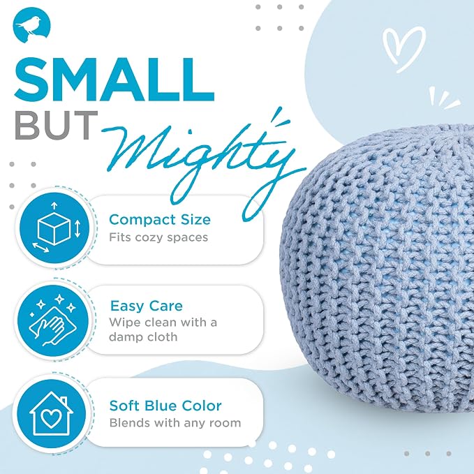 BIRDROCK HOME Round Pouf Ottoman Foot Rest - 18.5”x18.5”x15” Boho Compact Comfortable Soft Cotton Braided Foot Stool with Bean Bag Filling for Living Room, Bedroom, or Nursery (Soft Blue)