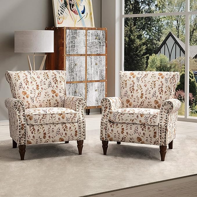 HULALA HOME Modern Wingback Accent Chair with Wood Legs & Removable Cushion, Comfy Upholstered Armchair with Nailhead Trim, Floral Pattern Single Sofa Chair for Living Room Bedroom, Yellow