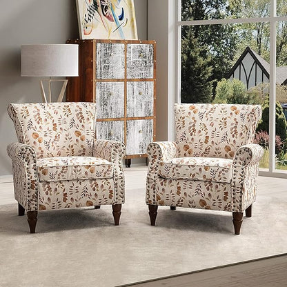 HULALA HOME Modern Wingback Accent Chair with Wood Legs & Removable Cushion, Comfy Upholstered Armchair with Nailhead Trim, Floral Pattern Single Sofa Chair for Living Room Bedroom, Yellow