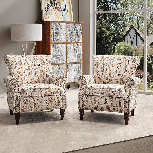 HULALA HOME Modern Wingback Accent Chair with Wood Legs & Removable Cushion, Comfy Upholstered Armchair with Nailhead Trim, Floral Pattern Single Sofa Chair for Living Room Bedroom, Yellow