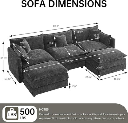 Modular Sectional Sofa, 112.2 Inch U Shaped Couch Set with Armrests, 3-Seater Comfy Cloud Couches with Movable Ottoman for Living Room Apartment, Grey