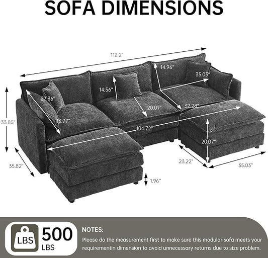 Modular Sectional Sofa, 112.2 Inch U Shaped Couch Set with Armrests, 3-Seater Comfy Cloud Couches with Movable Ottoman for Living Room Apartment, Grey