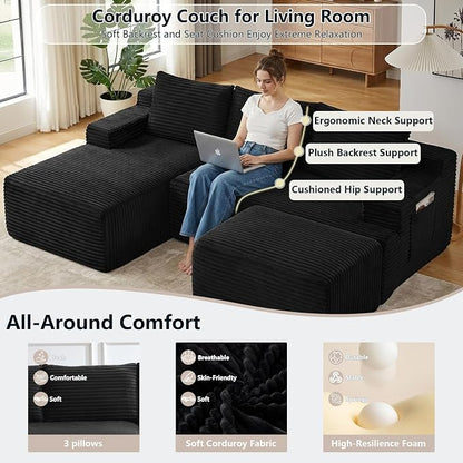 96" Cloud Sectional Couch U-Shaped Chaise with Ottoman, Corduroy Boneless Couch for Living Room Bedroom, Deep-Seat Upholstered Modular Cloud Sofa, No Assembly Required (Black, Left Facing Chaise)