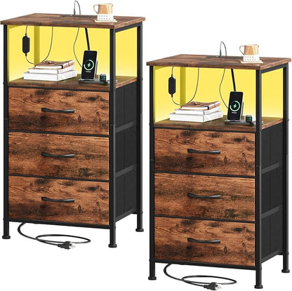 Somdot Nightstands Set of 2,Bedside Tables with Charging Station and LED Lights,Night Stand with 3 Drawers, End Tables with Open Shelf for Small Spaces Bedroom Entryway Hallway, Wood Grain Print