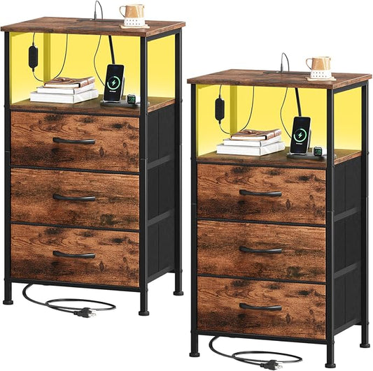 Somdot Nightstands Set of 2,Bedside Tables with Charging Station and LED Lights,Night Stand with 3 Drawers, End Tables with Open Shelf for Small Spaces Bedroom Entryway Hallway, Wood Grain Print