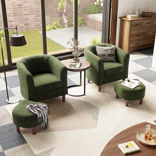 LINSY Accent Chair Set of 2, Velvet Barrel Chair with Ottoman, Modern Comfy Small Armchair for Small Spaces Reading Room Living Room Bedroom Kids Room Office, Olive