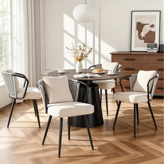 Rattan Dining Chairs Set of 4, Modern Upholstered Kitchen Chair with Metal Legs, Ergonomic Curved Backrest, Mid Century Living Room Chairs with Throw Pillow for Home, Light Grey