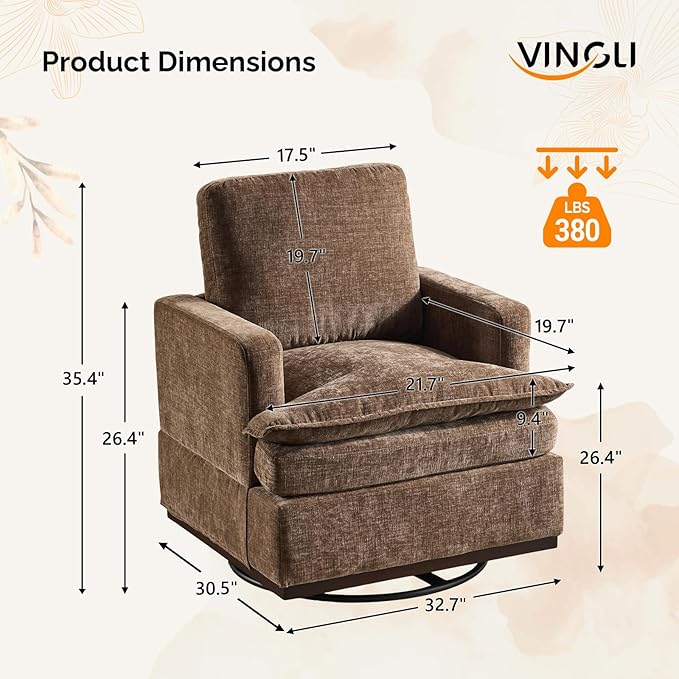 VINGLI 360° Swivel Accent Chairs Set of 2 with Double-Layer Seat Cushions, Comfy Single Square Sofa Armchairs, Upholstered Club Chairs for Living Room,Bedroom, Reading Room, Chenille Khaki