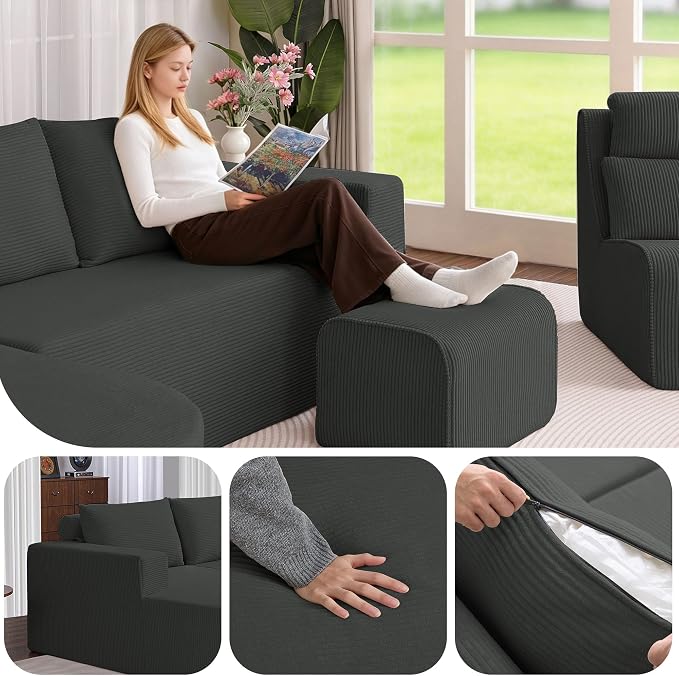 104.92" L-Shaped Corduroy 3 Piece Sofa Set with Single Lounge Chair & Ottoman, Modular Compressed All Foam Couch, Freely Movable Footrest, Minimalist Large Living Room Furniture