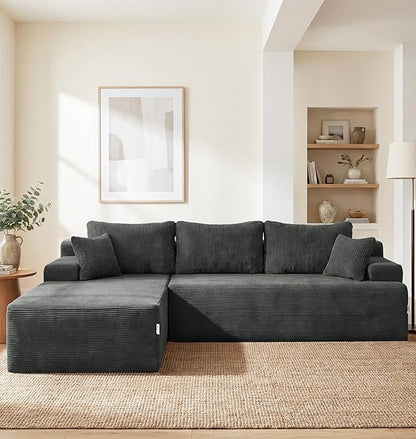 Hobestluk Modular Sectional Sofa Couches L-Shape Couch 3 Seat Modular Sofa Memory Foam Sectional Couches for Living Room, Cloud Couch with Oversized Chaise (Grey Corduroy, 96", Left Hand Facing)