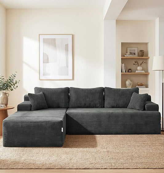 Hobestluk Modular Sectional Sofa Couches L-Shape Couch 3 Seat Modular Sofa Memory Foam Sectional Couches for Living Room, Cloud Couch with Oversized Chaise (Grey Corduroy, 96", Left Hand Facing)