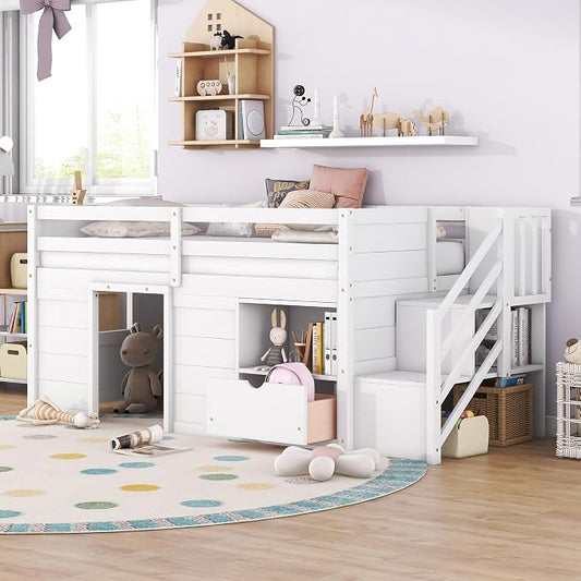 Bellemave Twin Size Low loft Bed for Kids,Wood Loft Beds,Modern Farmhouse Twin loft Bed,Loft Bed with Desk and Storage, No Box Spring Needed,for Kids,White