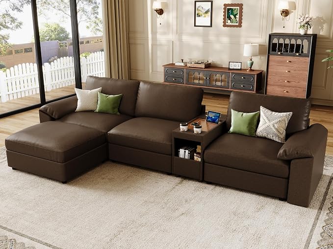 EASE MOOSE Leather Sectional Couch with Console,Oversized Modular Sectional Sofas,Wide Deep Seat Modular Couch,Scratch Resistant Faux Leather Material,L Shaped Sofa for Big Spaces,Deep Brown