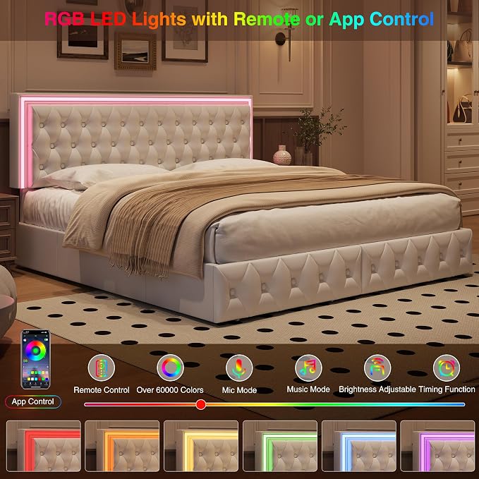 Keyluv King Size LED Bed Frame with 4 Storage Drawers and Adjustable Headboard, PU Leather Upholstered Button Tufted Modern Platform Bed, Solid Wooden Slats Support, Easy Assembly, White
