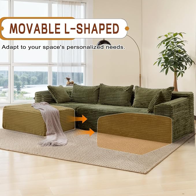 Korser 108" L-Shaped Modular Sectional Sofa with Chaise, Boneless Comfy Corduroy Fluffy Couch with Deep Seat and Side Pockets, Flexible Module Combination for Living Room, No Assembly, Side Pockets