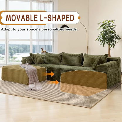 Korser 108" L-Shaped Modular Sectional Sofa with Chaise, Boneless Comfy Corduroy Fluffy Couch with Deep Seat and Side Pockets, Flexible Module Combination for Living Room, No Assembly, Side Pockets
