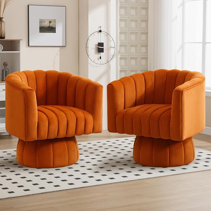 Swivel Accent Barrel Chair Set of 2- Cute Comfy Small Round 360° Arm Chair Velvet Sofa Club Reading Chair for Living Room Bedroom Office Orange
