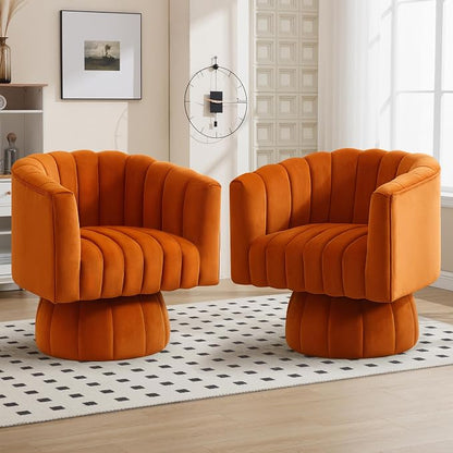 Swivel Accent Barrel Chair Set of 2- Cute Comfy Small Round 360° Arm Chair Velvet Sofa Club Reading Chair for Living Room Bedroom Office Orange