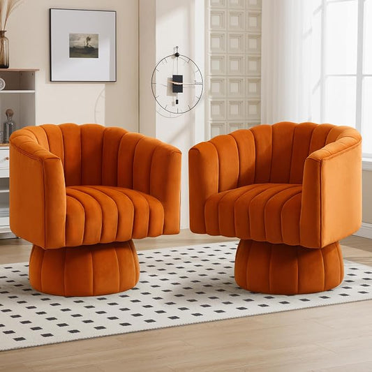 Swivel Accent Barrel Chair Set of 2- Cute Comfy Small Round 360° Arm Chair Velvet Sofa Club Reading Chair for Living Room Bedroom Office Orange