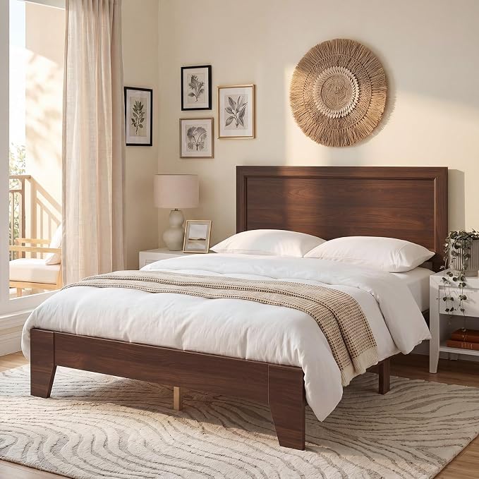 Giantex Full Size Wooden Bed Frame with Headboard, Wood Slat Support | Modern Platform Bed with Heavy Duty Mattress Foundation, Under-Bed Storage, No Box Spring Needed, Easy Assembly (Walnut)
