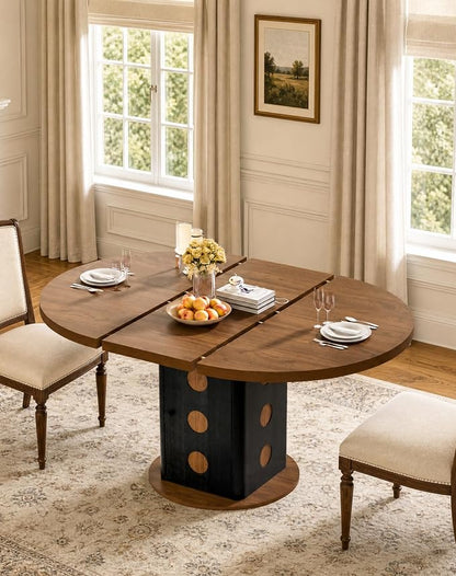 43"-59" Extendable Round Dining Table for 4-8, Oval Kitchen Table with Hidden Storage, Modern Farmhouse Wooden Dining Room Table for Kitchen Living Room, Walnut